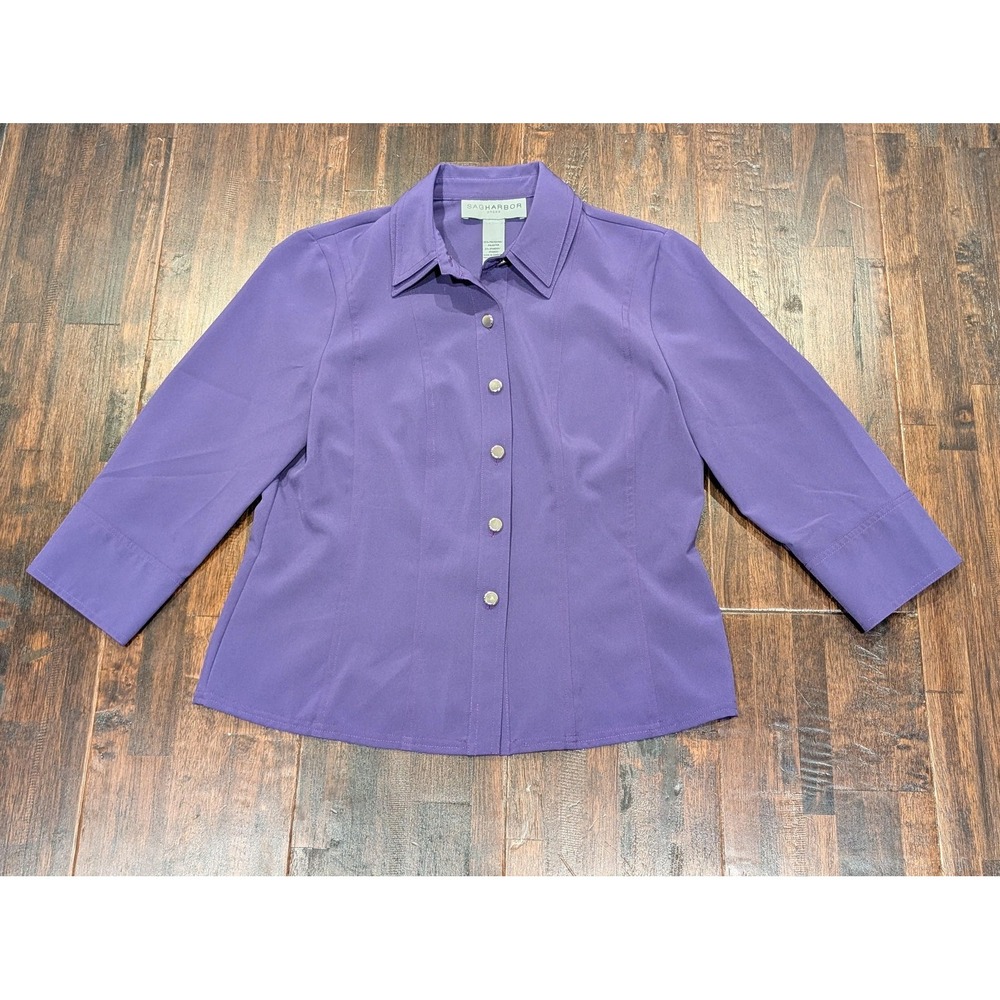 Vintage Sag‎ Harbor Womens M 10 Purple Button Front 3/4 Sleeve Stretch Blouse